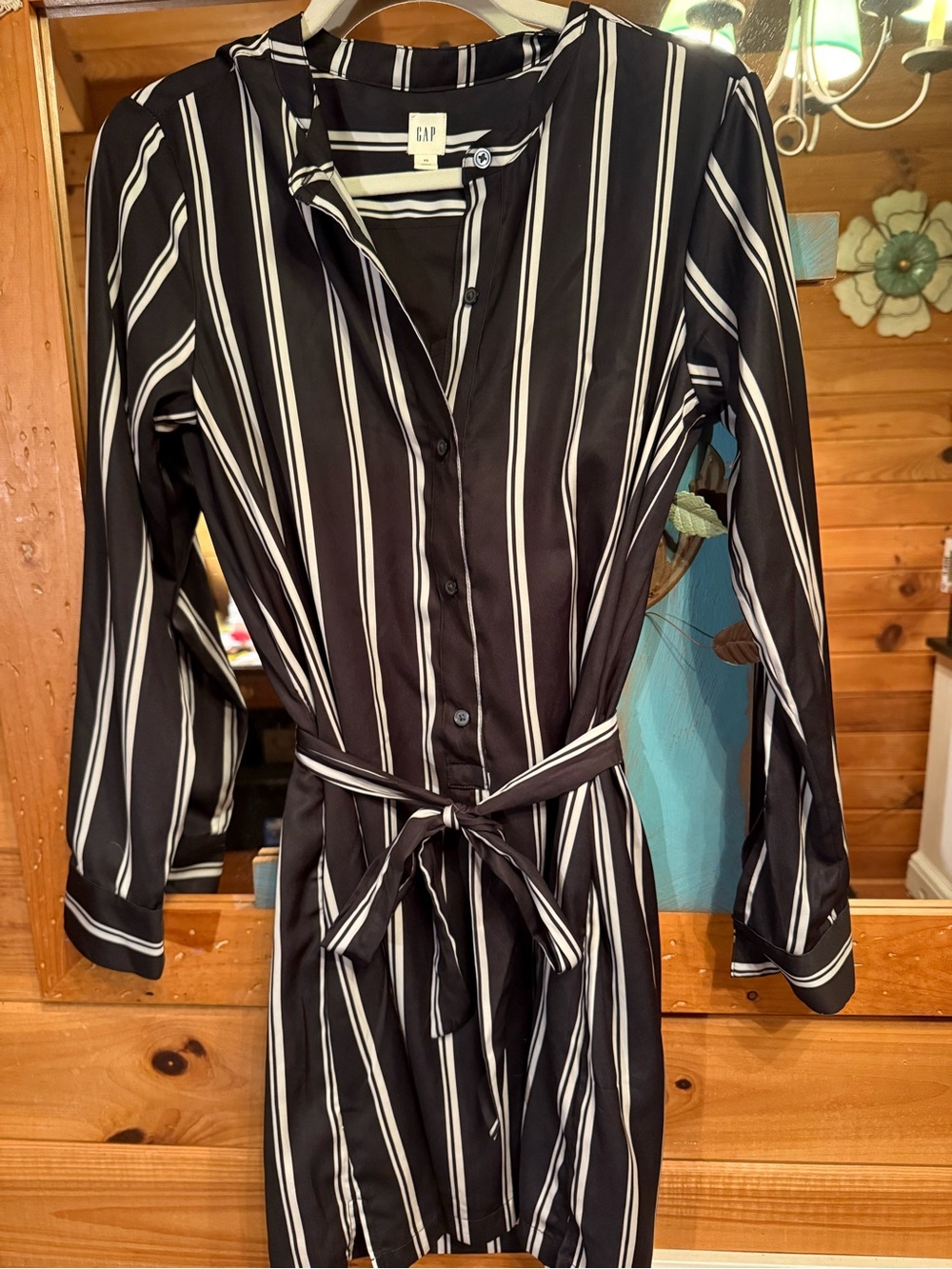 GAP Black and White Vertical Stripe Tie-Waist Shirt Dress